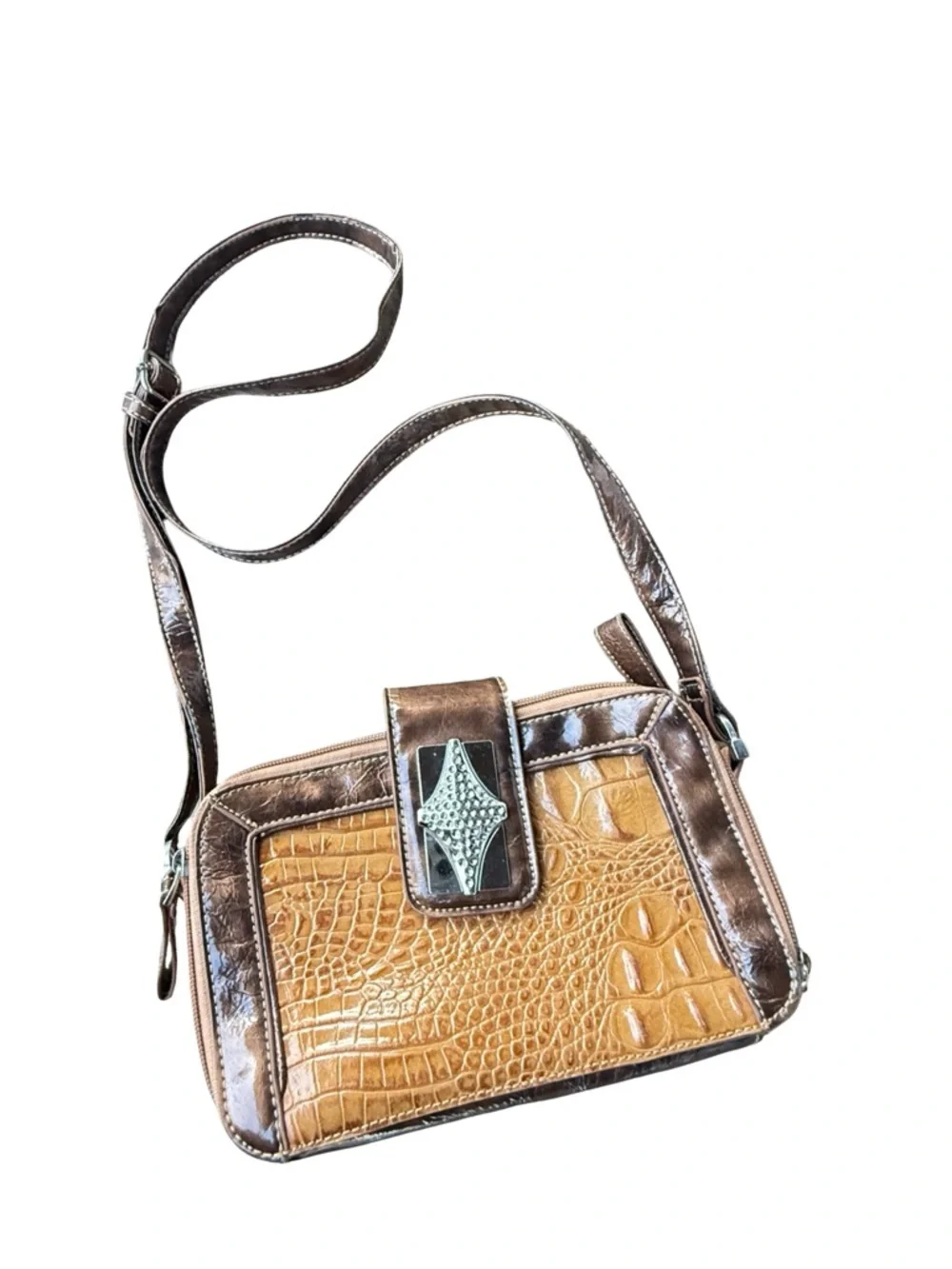 Marc Shantel Brown Faux Crocodile Embossed Crossbody Bag Silver Flap